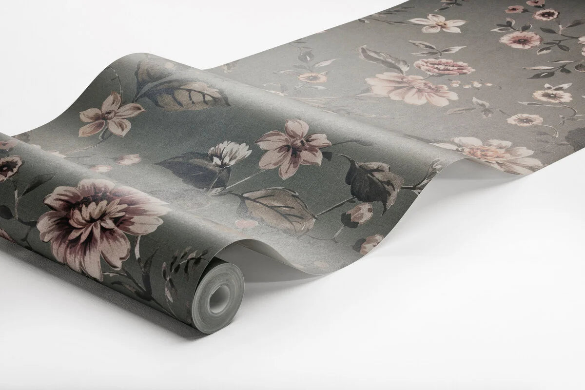 Structuurmuur met plantaardig bloemenpatroon MARION’S grijs met roze
