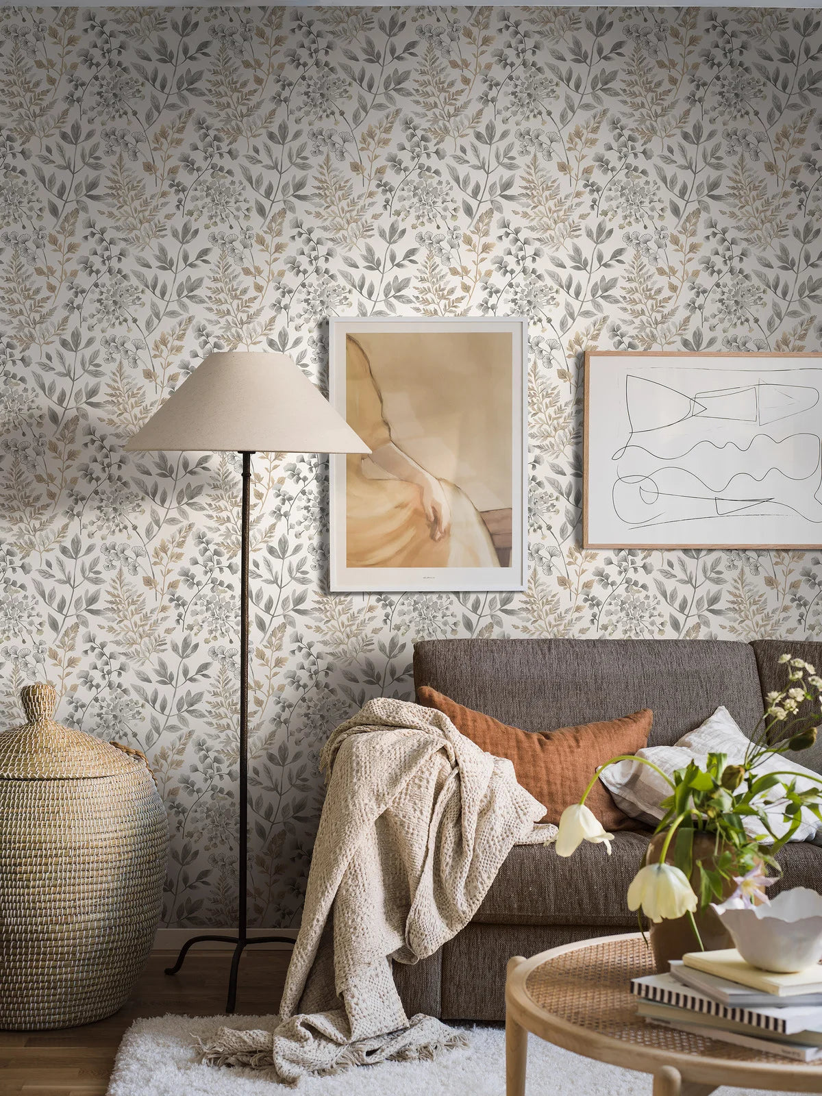 Vliesbehang met plantaal patroon SIGRID in beige met groen