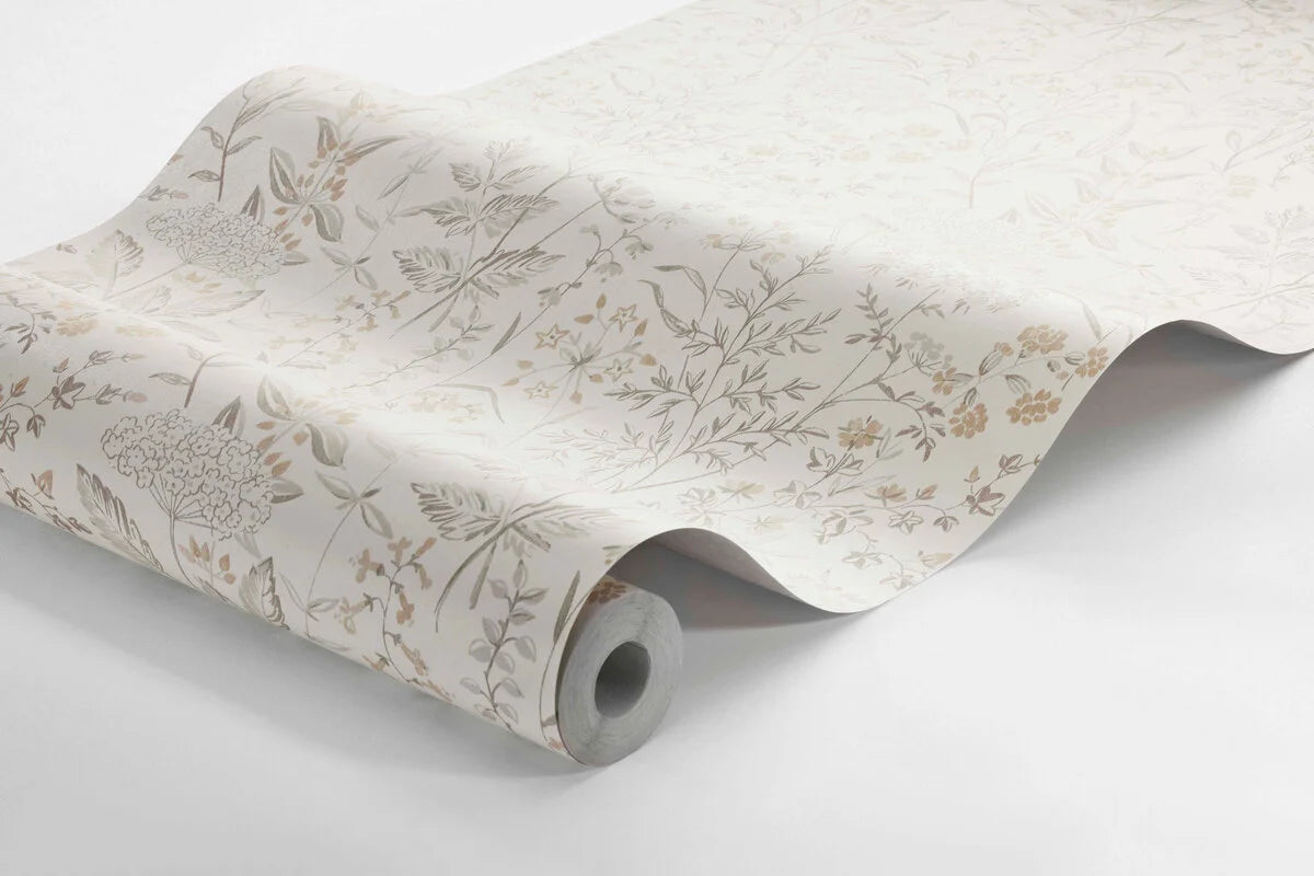 Vliesbehang met plantaal patroon EMIL crème met groen