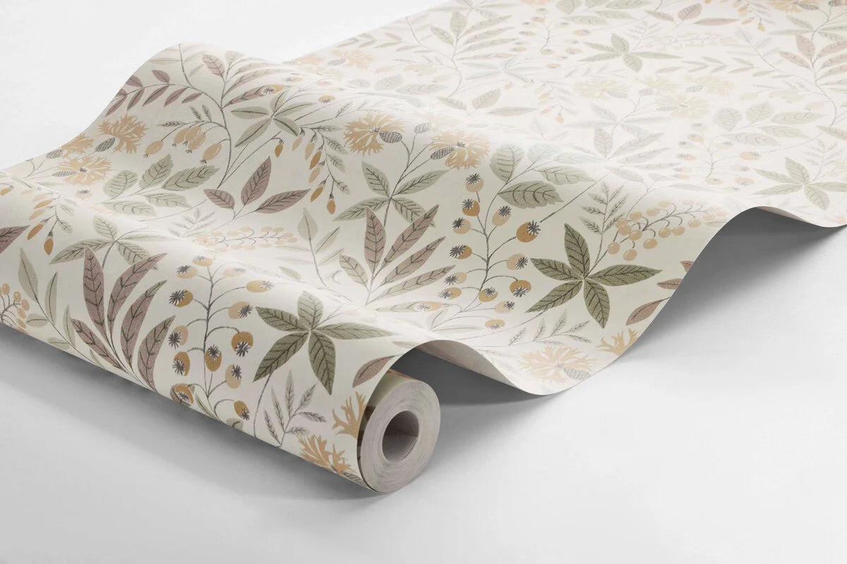 VILMA Vlies-Tapete mit pflanzlichem Muster in hellbeige mit grün und gelb