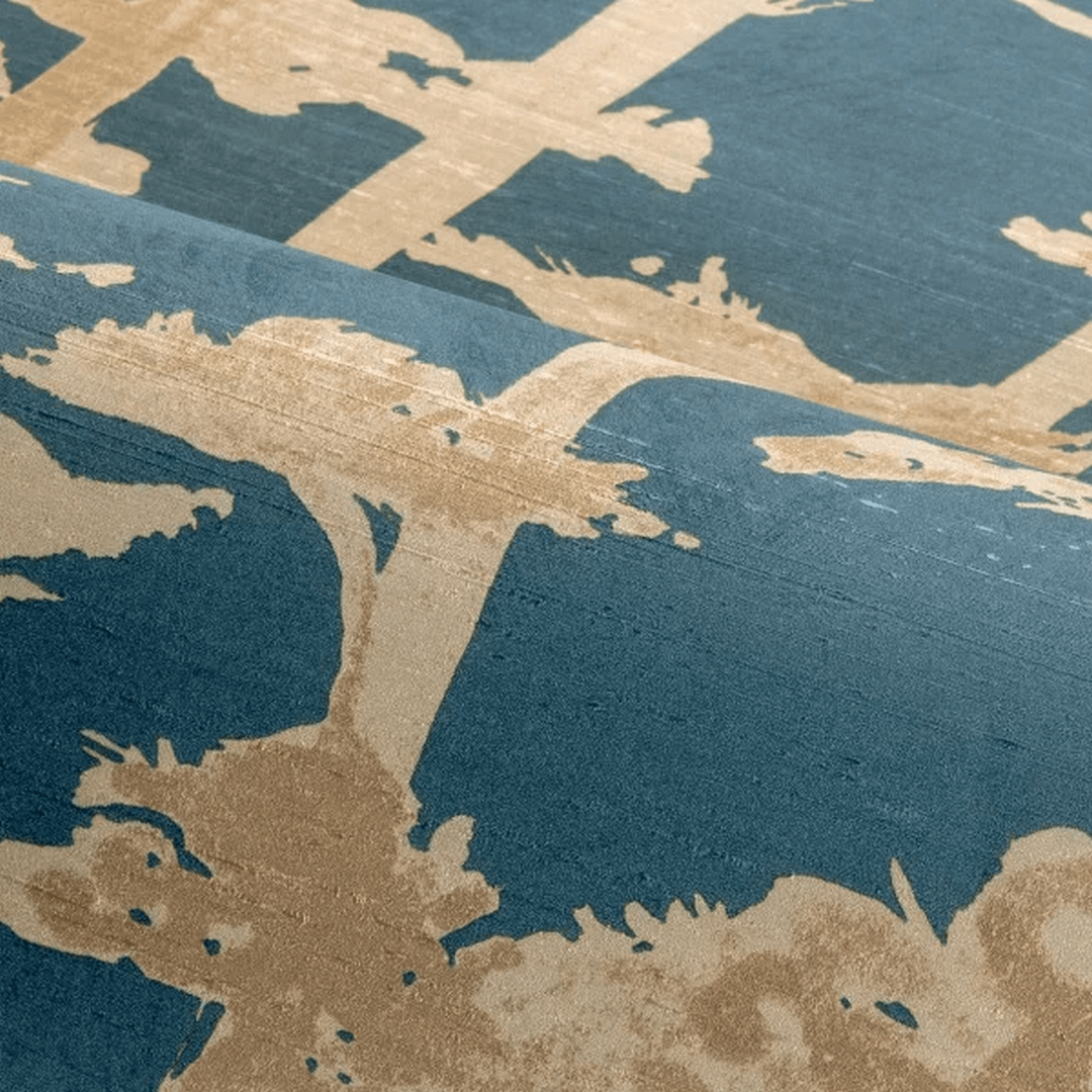 Structural wallpaper with an oriental tree plant motif AME - PETROLE/DORÉ dark beige with sea green