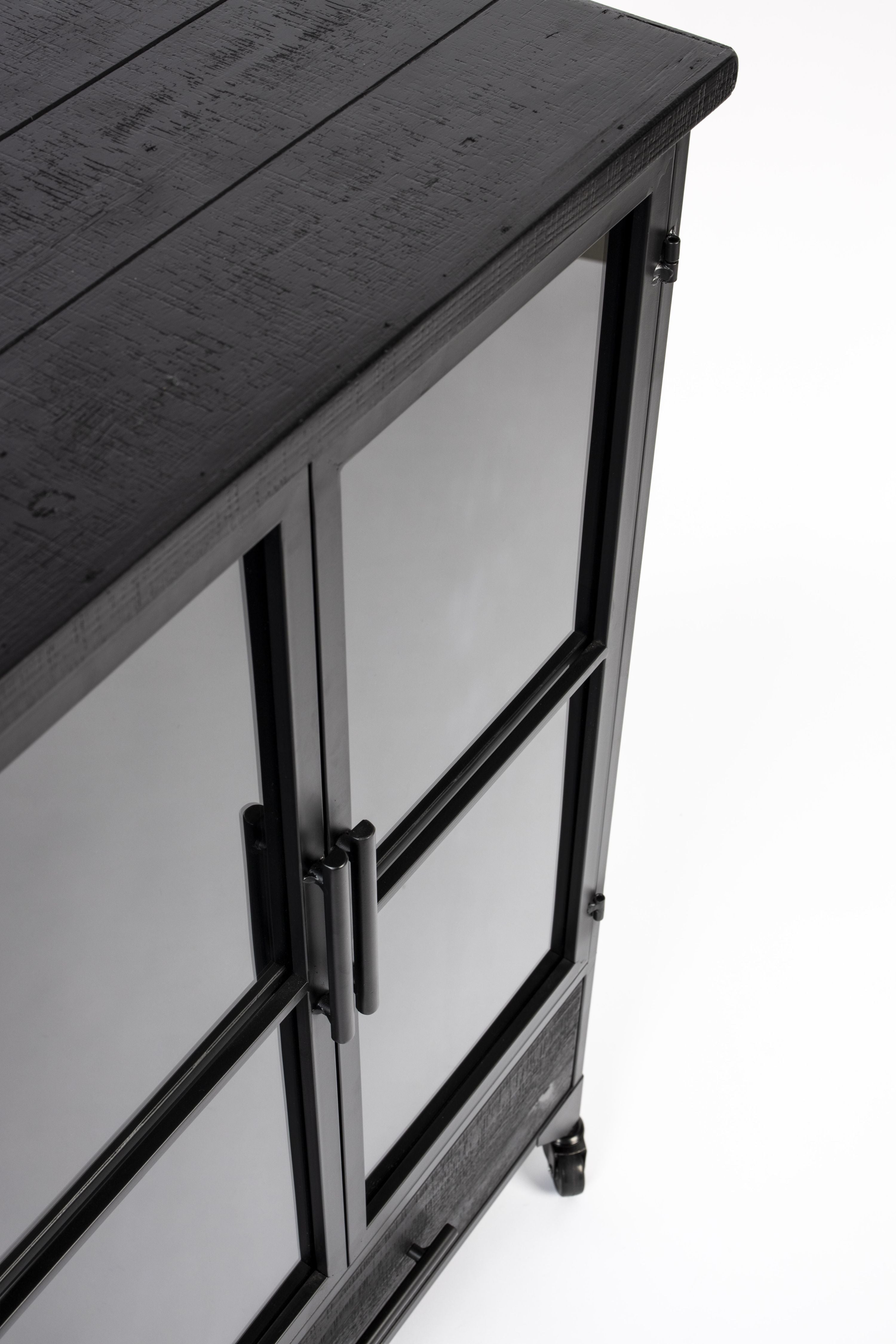 Zwarte FERRE vitrinekast met 2 deuren op wielen