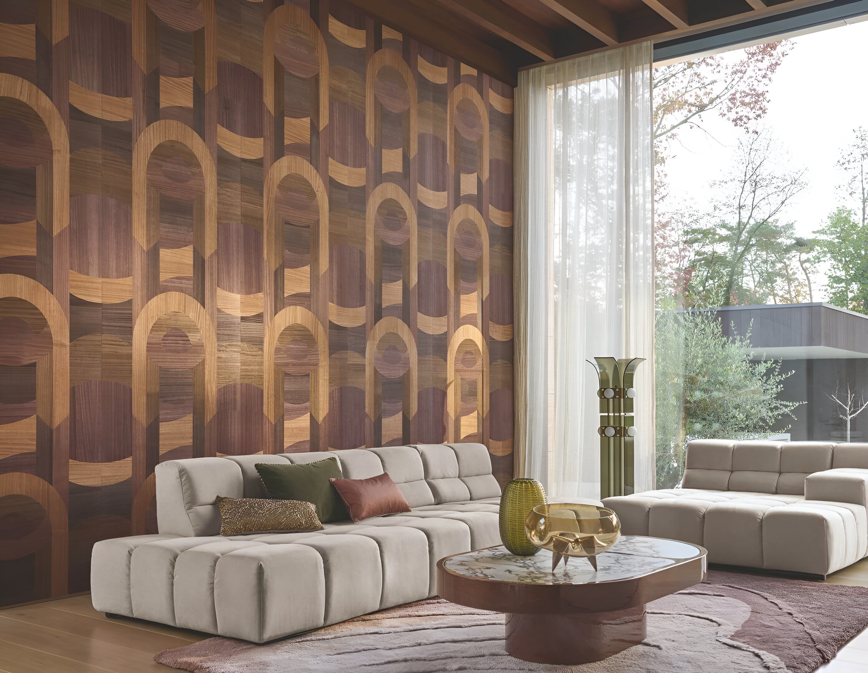 Geweven behang met geometrisch art deco patroon TRAVERSÉE - CARBONE EIK gebrandmerkt eikenhout