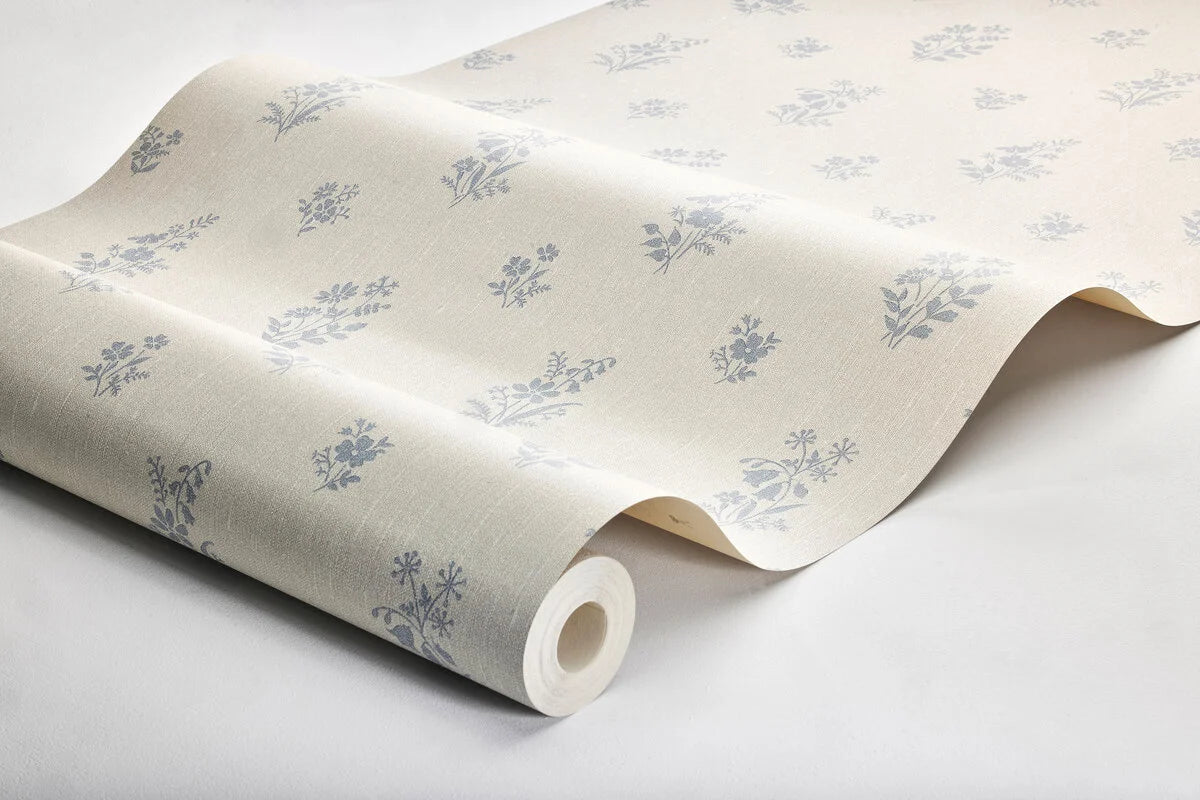 Non-woven paper wallpaper with a floral pattern PETIT FLEURS beige with blue