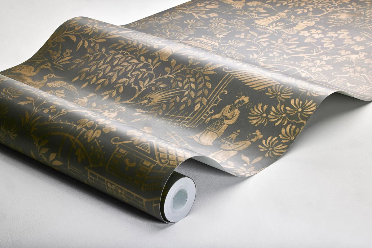 Non-woven paper wallpaper with an oriental motif ORIENTAL GARDEN brown with gold