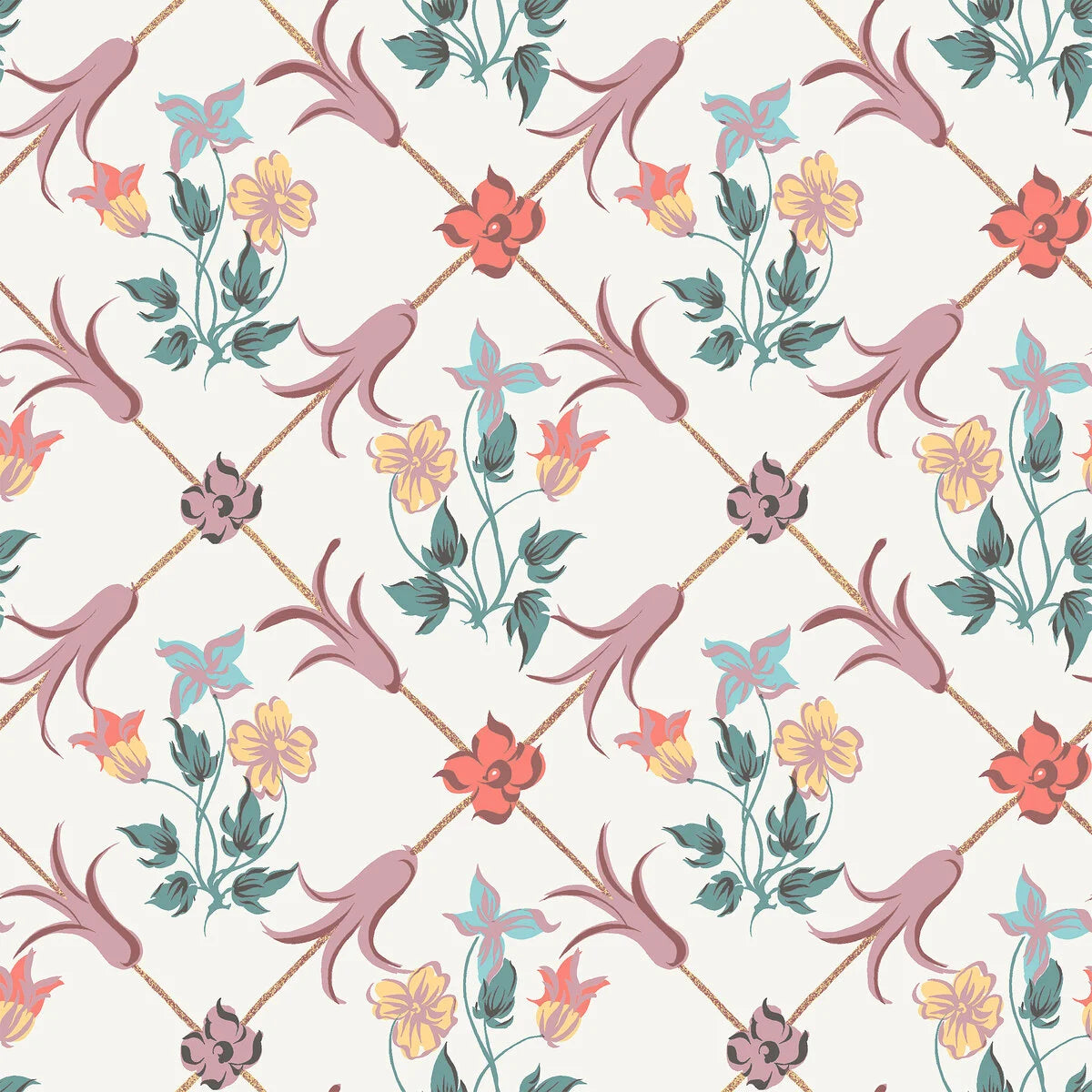 Vliesbehang met plantaal patroon TESSIN wit met lavendel en groen