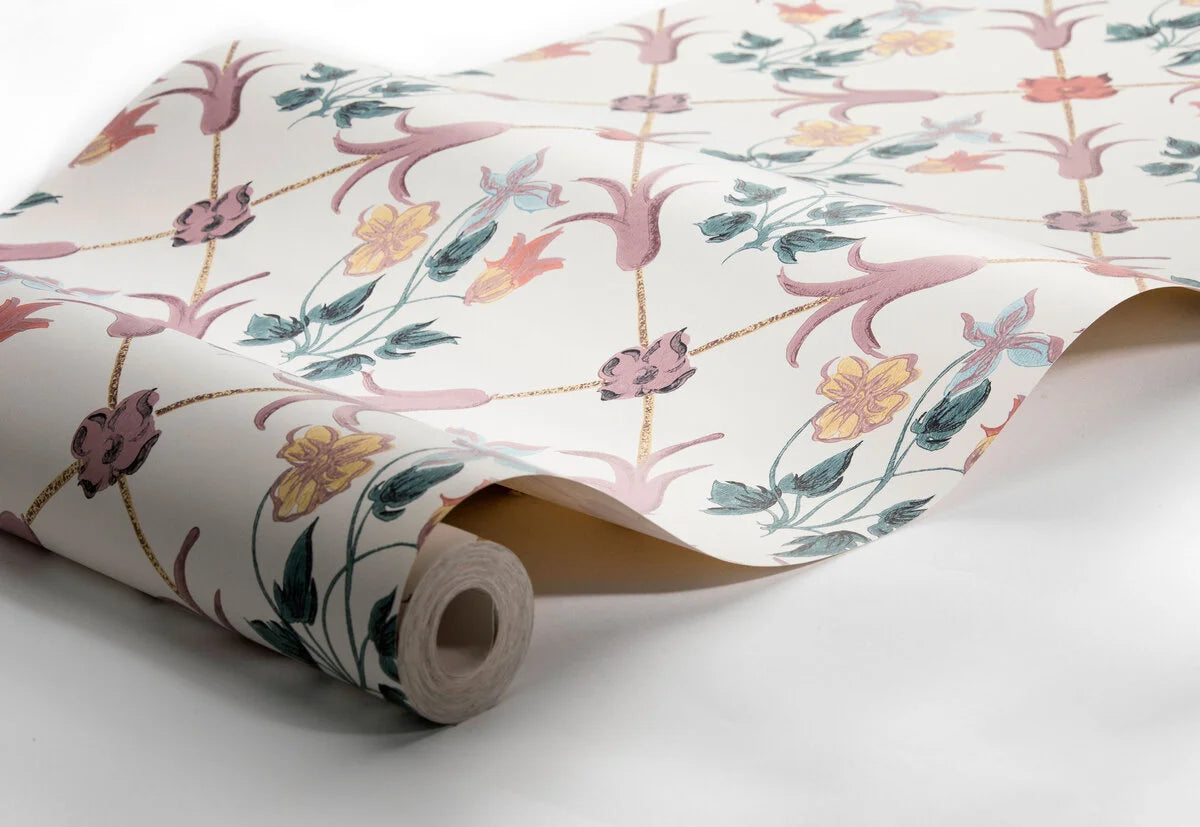 Vliesbehang met plantaal patroon TESSIN wit met lavendel en groen