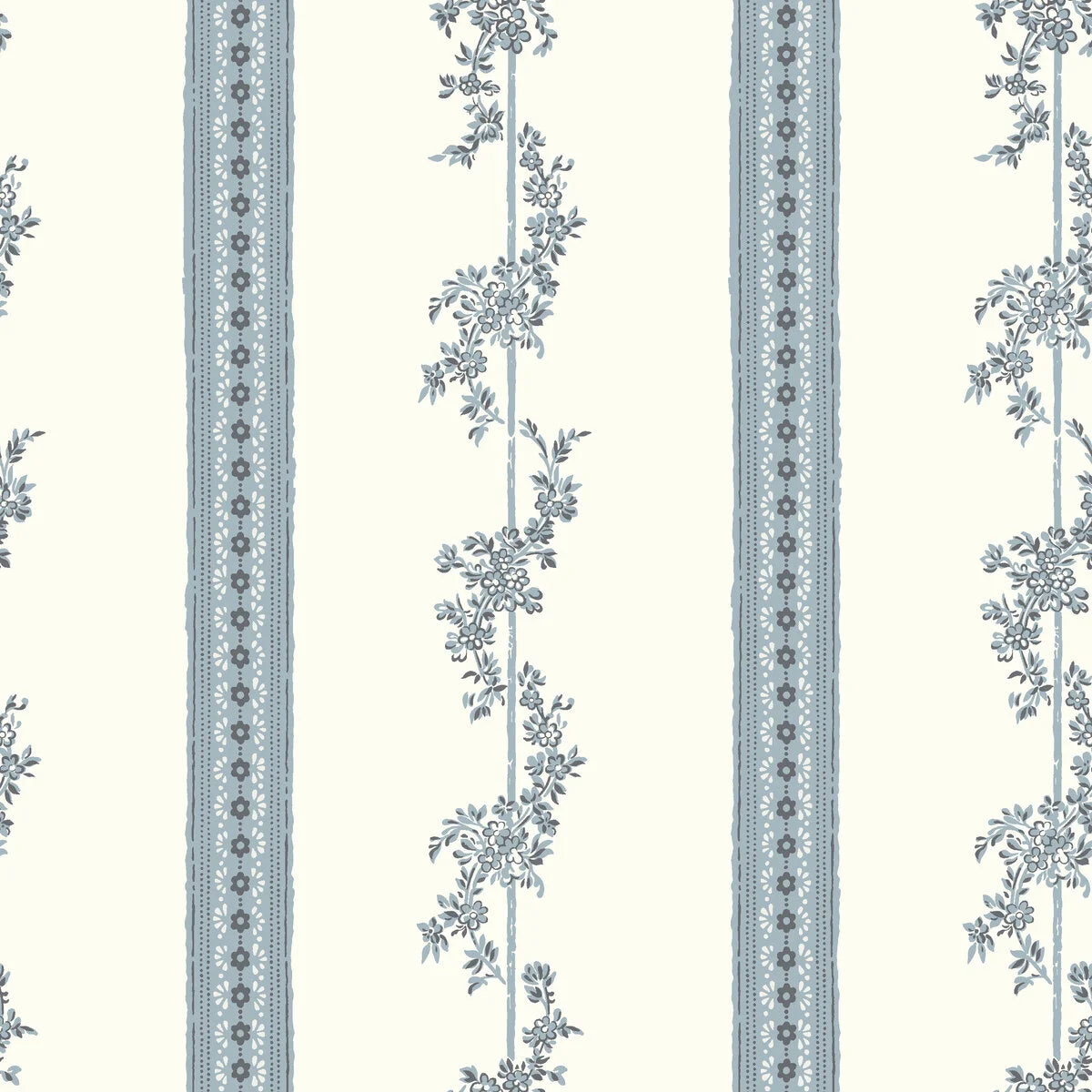 Papierbehang van vlies met plantaal patroon DROTTNINGHOLM blauw met crème
