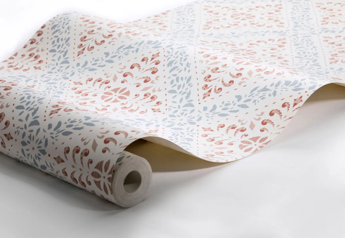 Non-woven paper wallpaper with abstract pattern NYBORG terracotta with blue