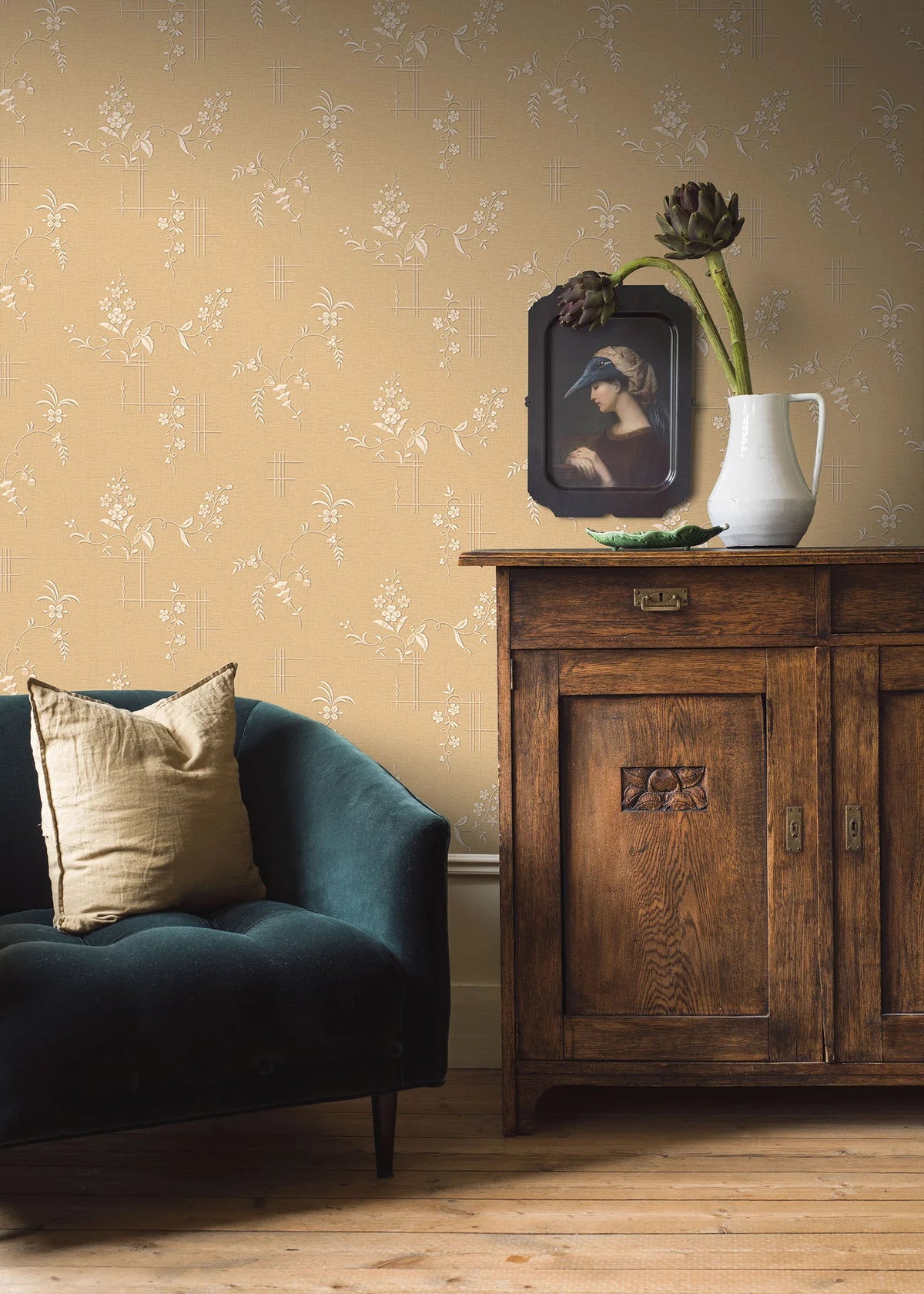 Non-woven paper wallpaper with a plant pattern ULRICEHAMN yellow