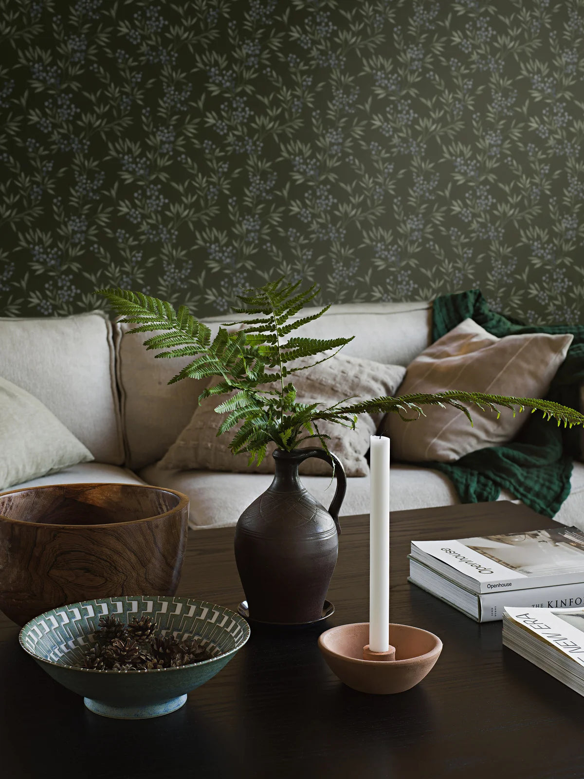 Behang met plantenmotief FOREST BERRIES groen met blauw