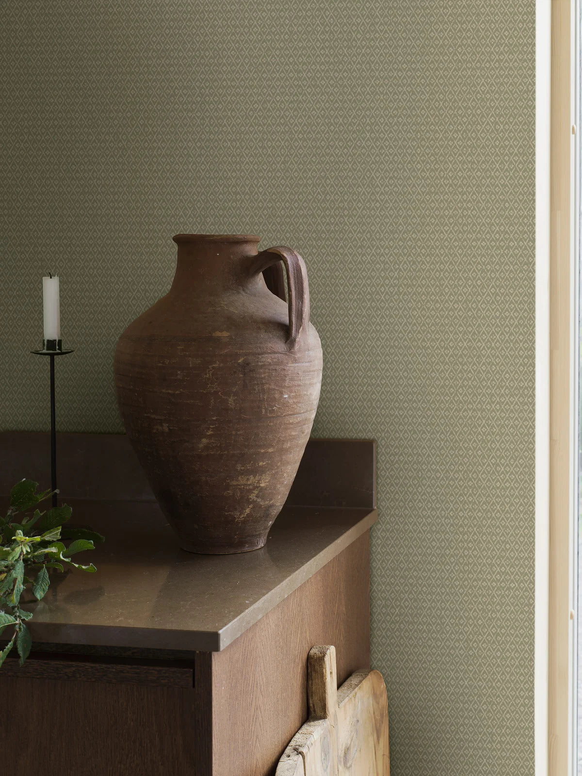 Geometrisch patroon behang WILLOWHERB groen met wit
