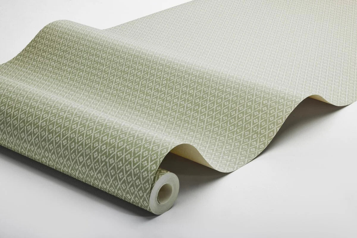 Geometrisch patroon behang WILLOWHERB groen met wit