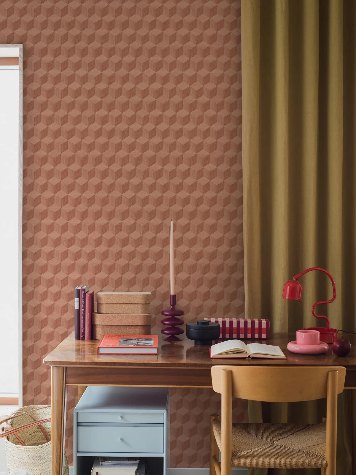 Vliesbehang van papier met geometrisch patroon CUBE terracotta