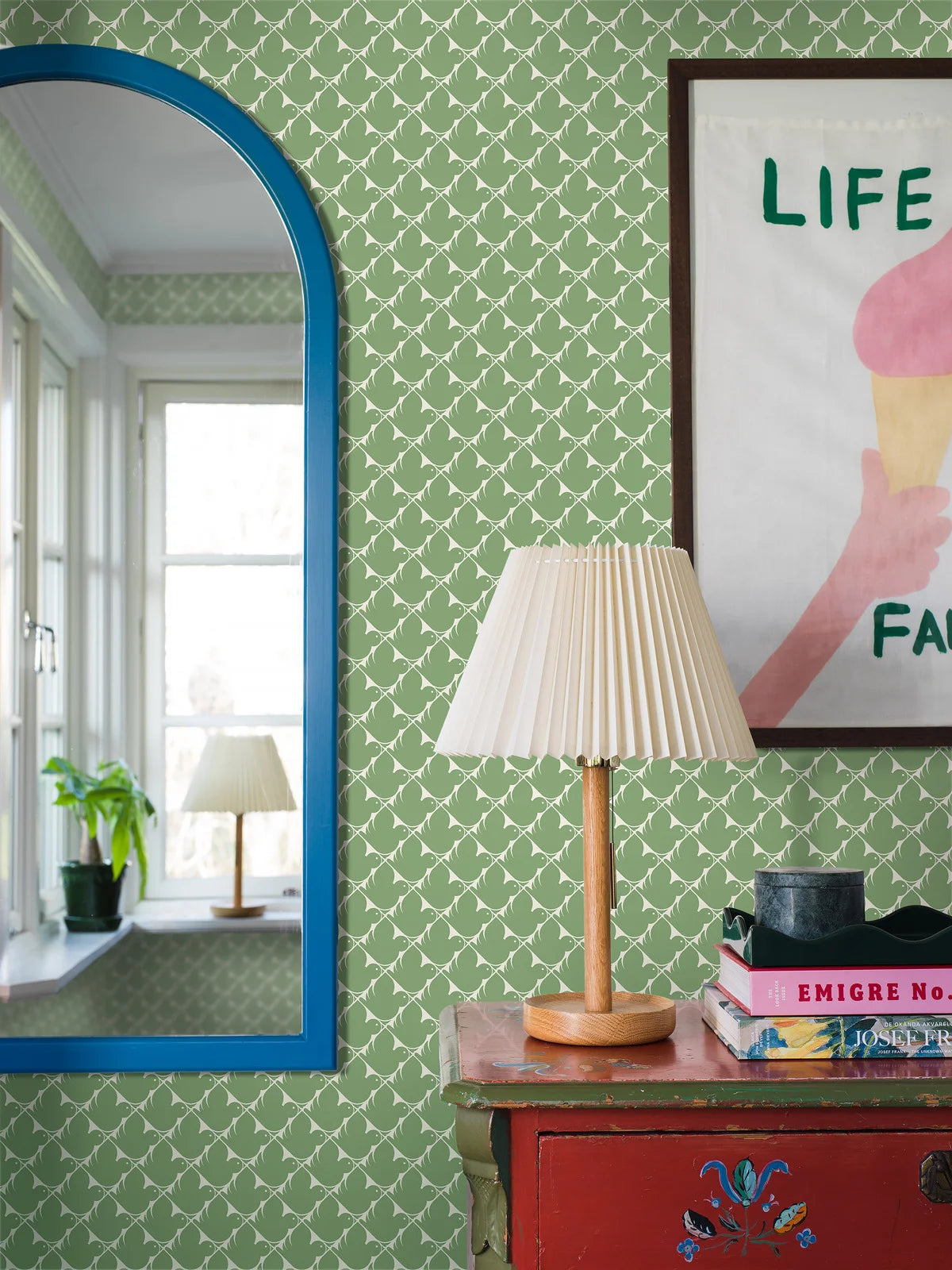 Geometrisch patroon behang PIPPI groen met wit