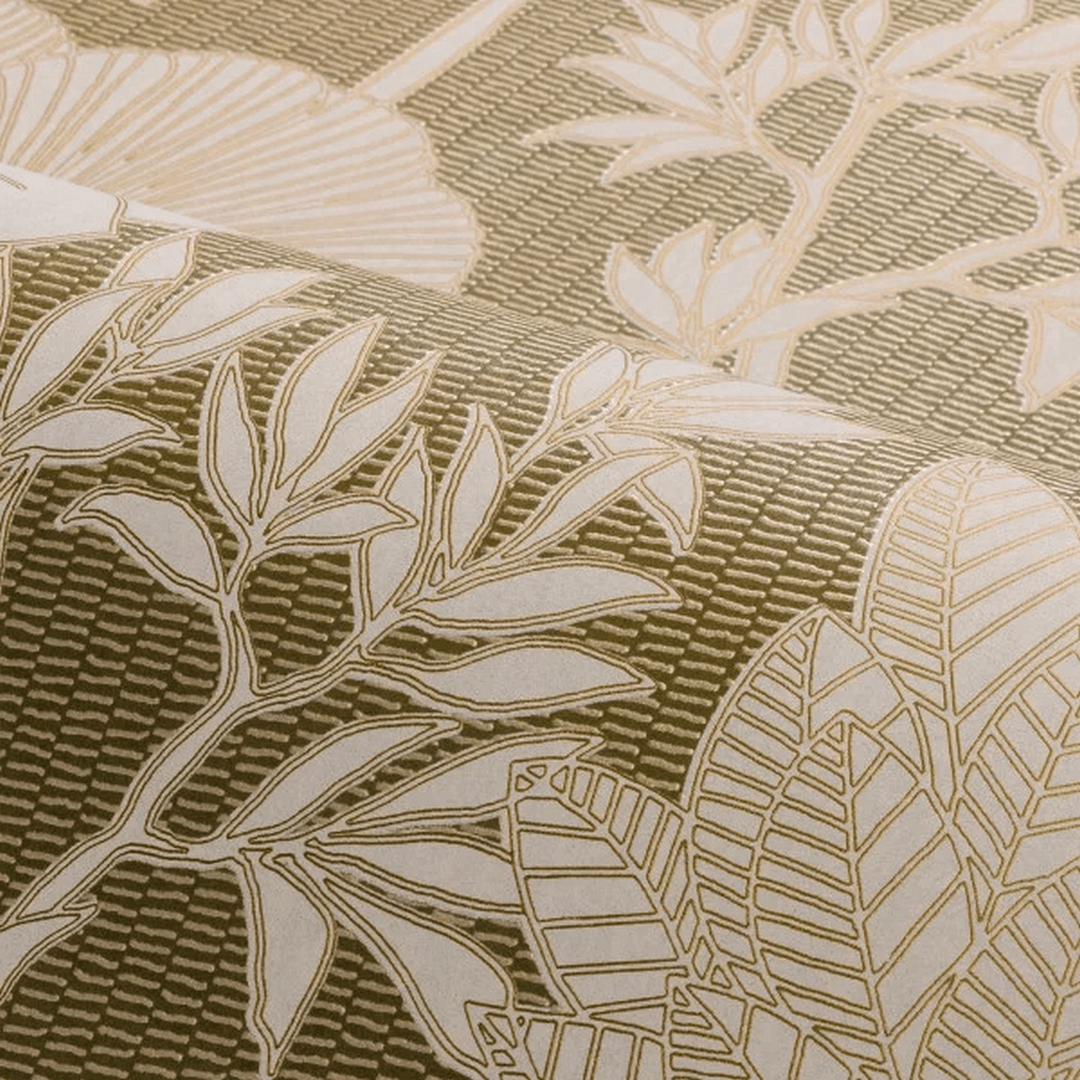 Structural wallpaper with a plant pattern of leaves and flowers INARA - KAKI/DORÉ green