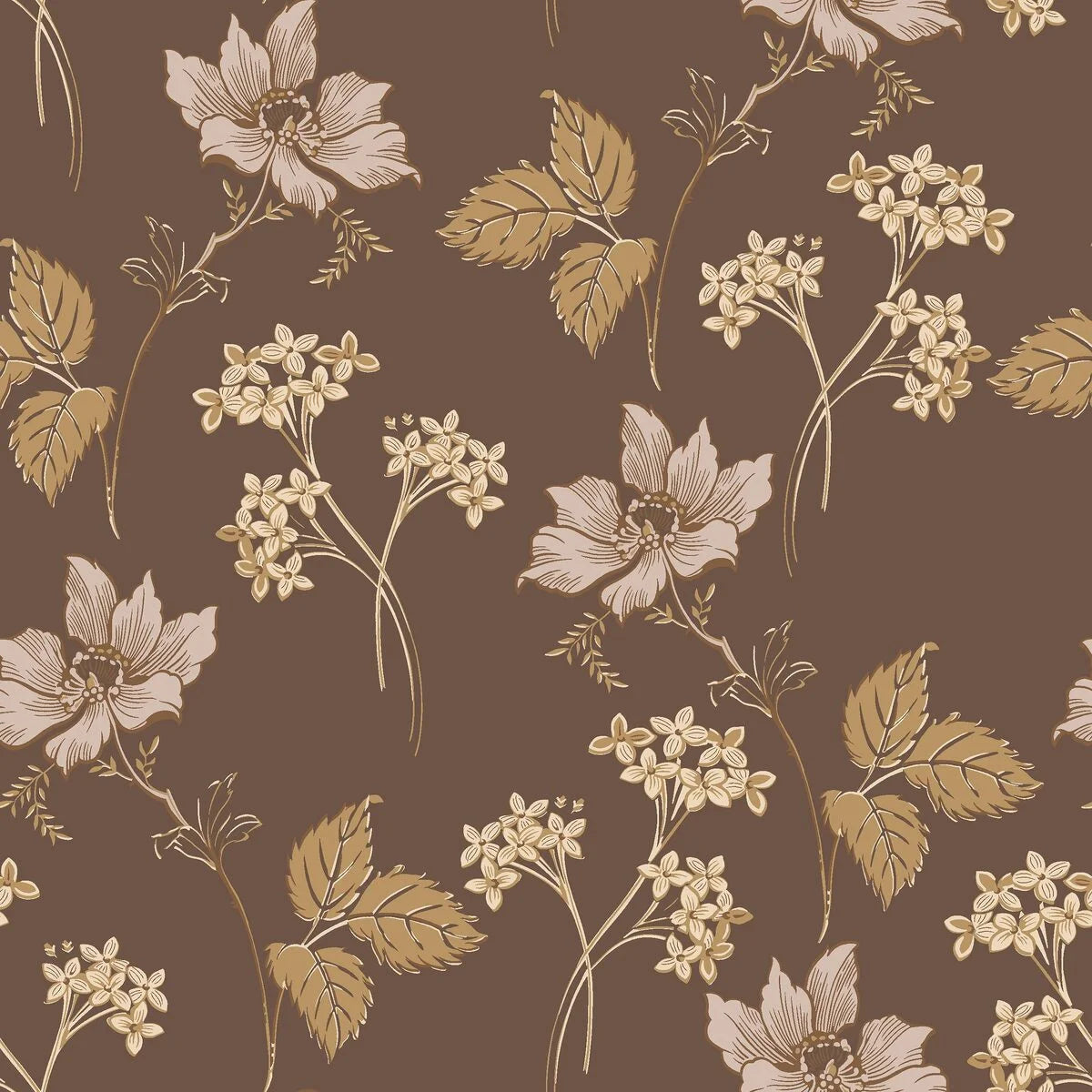 Tapete mit pflanzlichem Blumenmotiv VALBORG braun mit beige