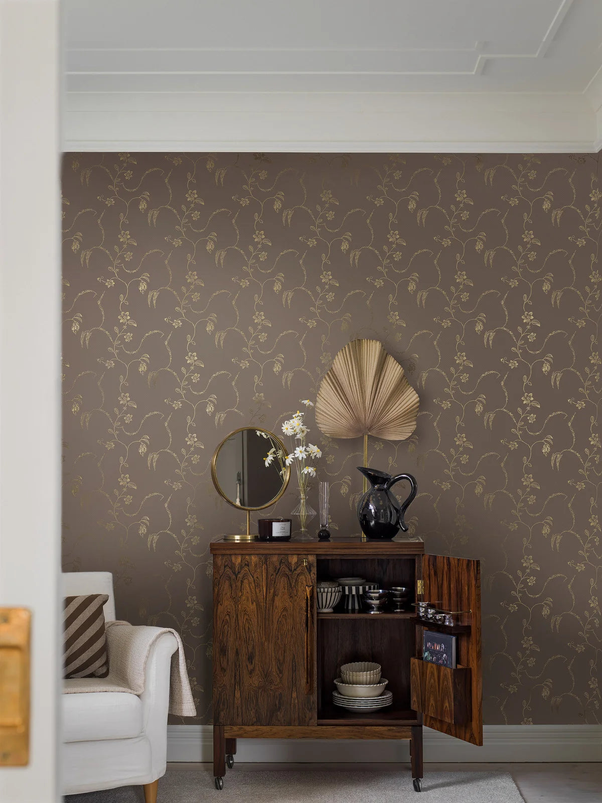 Behang met plantenmotief ELSIE bruin met goud