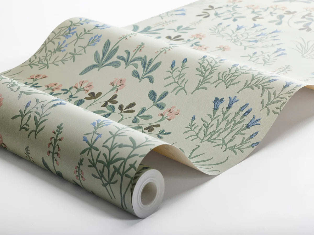 Tapijt met plantaal bloemenmotief NORAS ANG gedempt groen met blauw