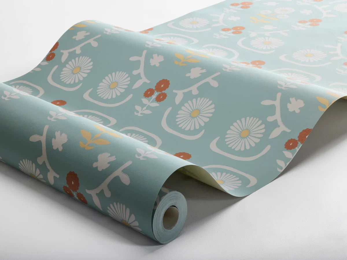 ISOLDE Blue Floral Plant Motif Wallpaper with Cream