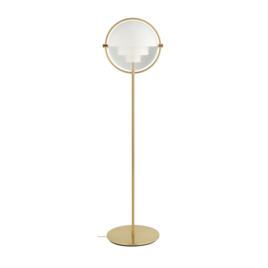 MULTI-LITE floor lamp in white with a brass base