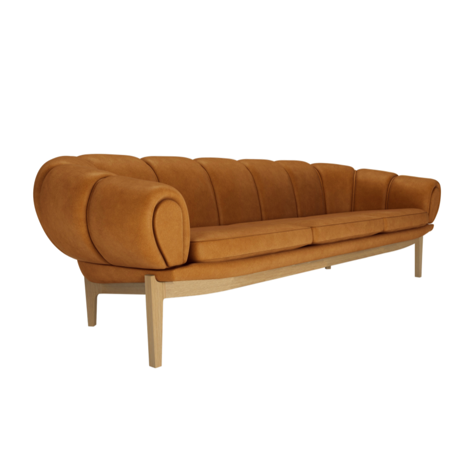 3-seater Sofa CROISSANT upholstered in leather with an oak base