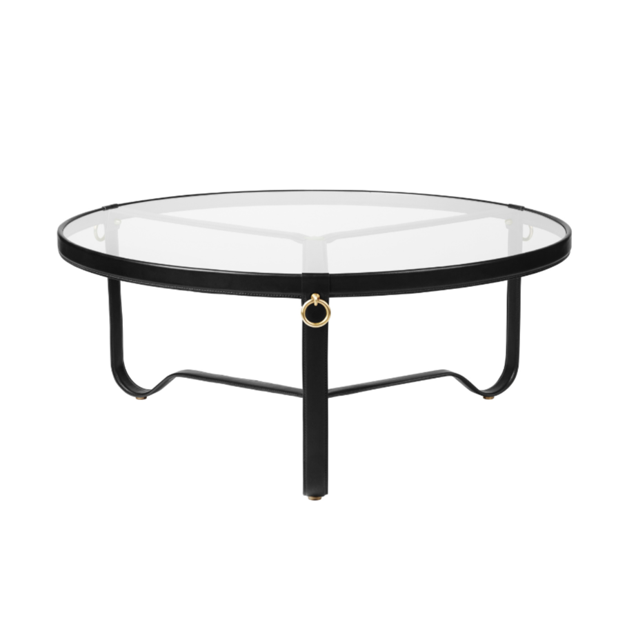 ADNET glazen en zwart leren salontafel