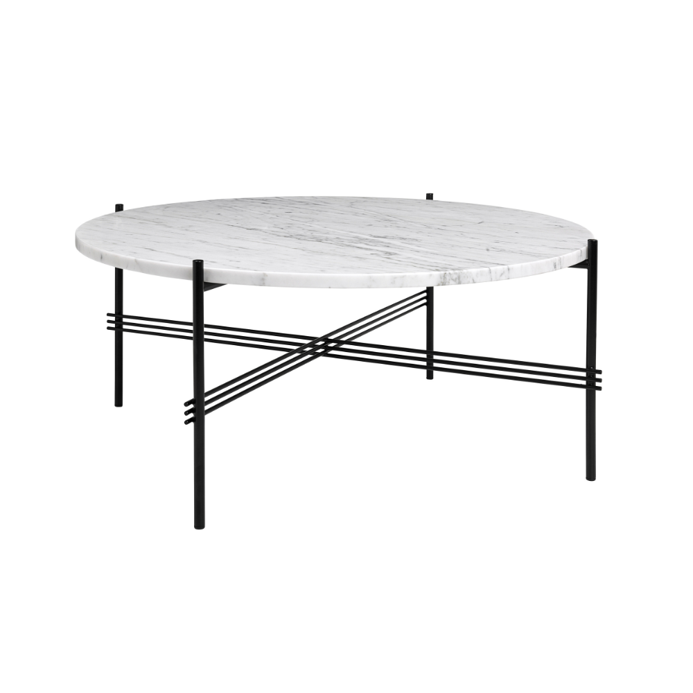 Runder Couchtisch TS mit weißer Marmorplatte und schwarzem Gestell