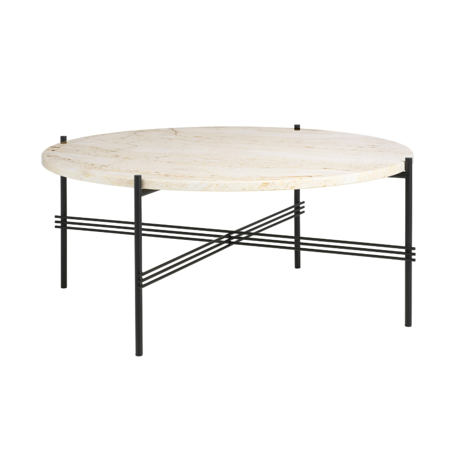 Runder Kaffeetisch TS aus cremefarbenem Travertin mit schwarzem Gestell