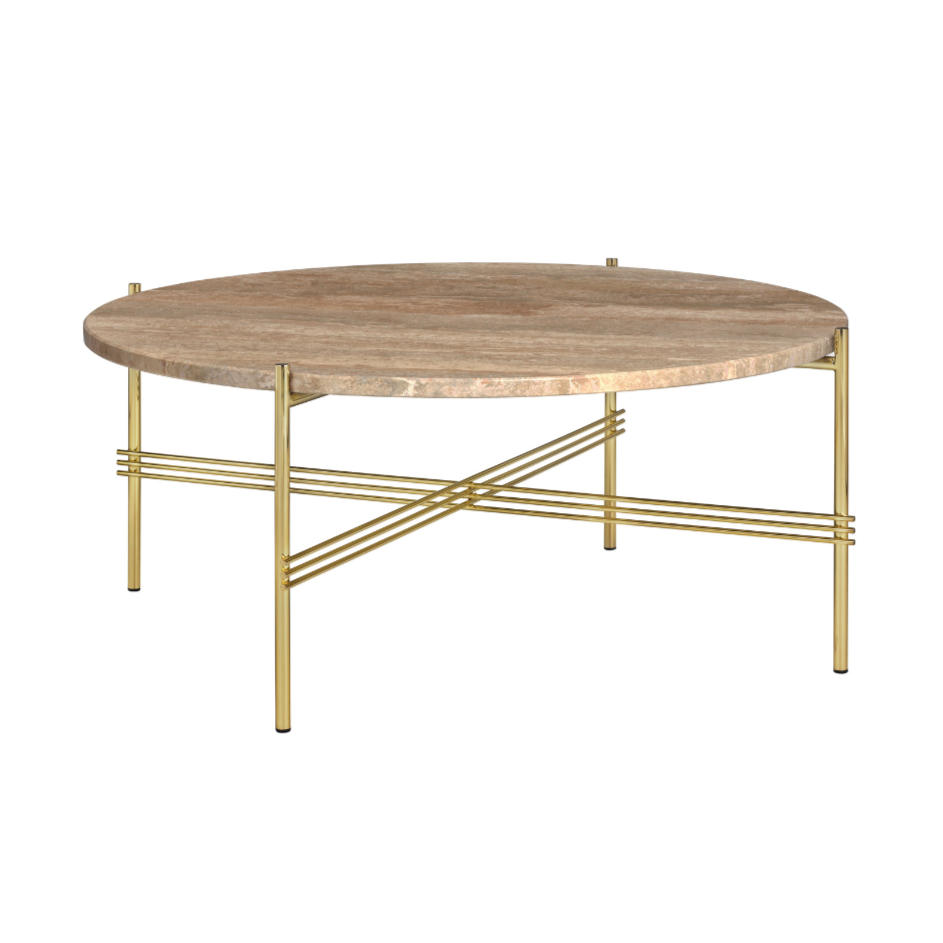 Ronde salontafel TS van zandkleurige travertijn met een gouden basis