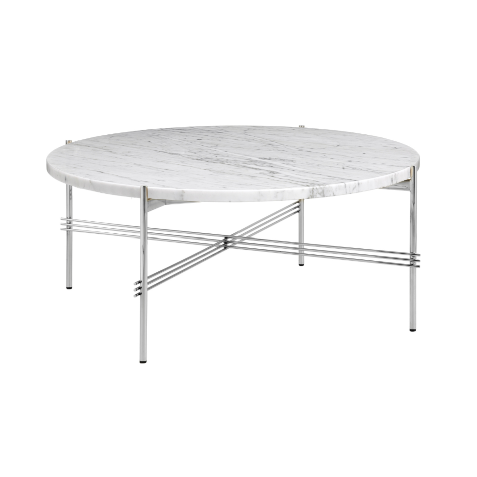 Runder Couchtisch TS mit weißer Marmorplatte und verchromtem Gestell