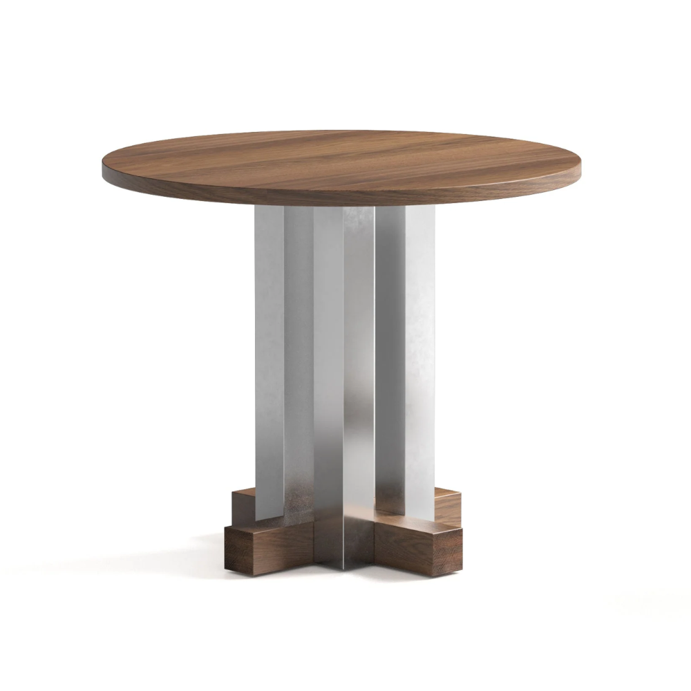 CRUZ round table in aluminum with dark oak wood