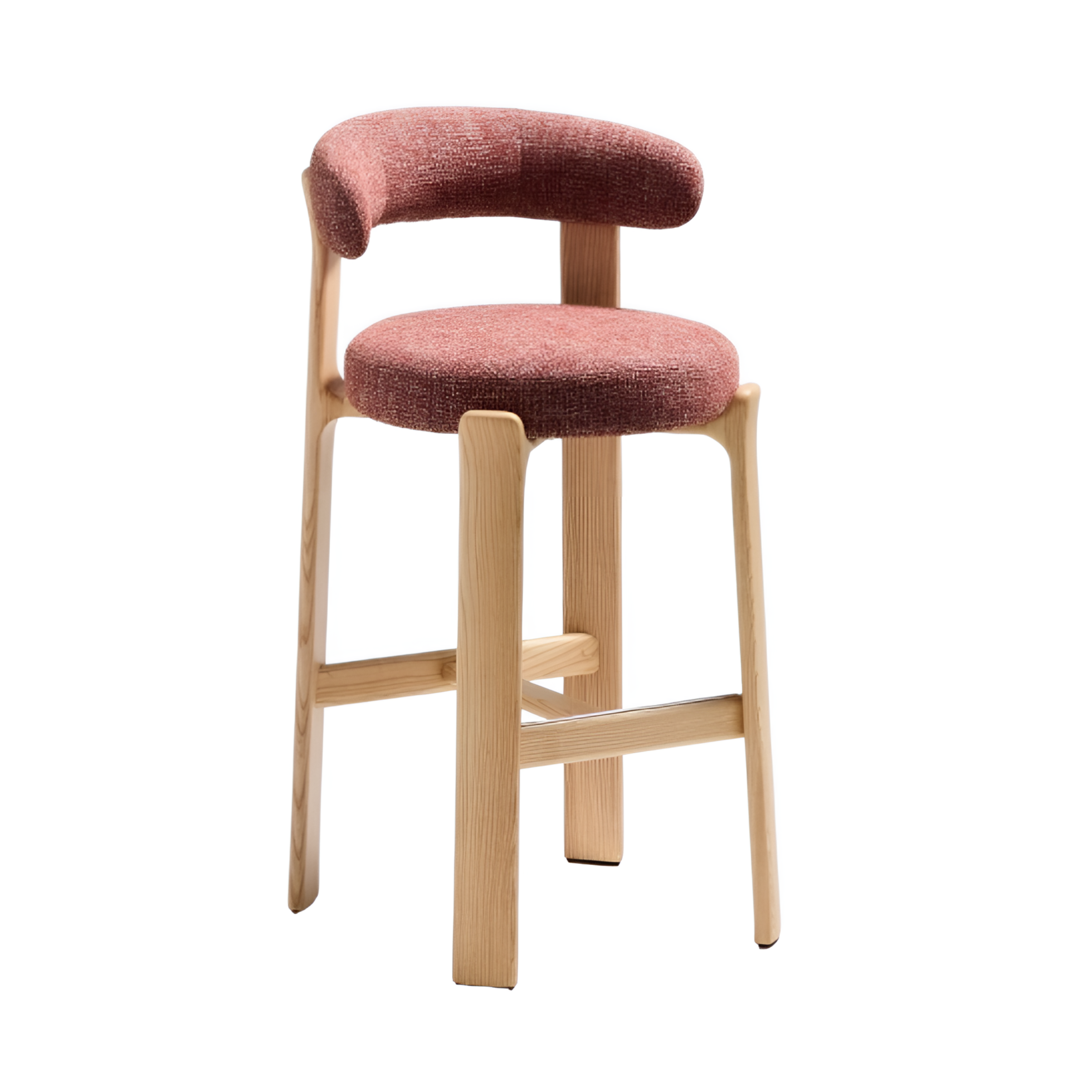 Hocker GRANITE rode chenille met een essen basis
