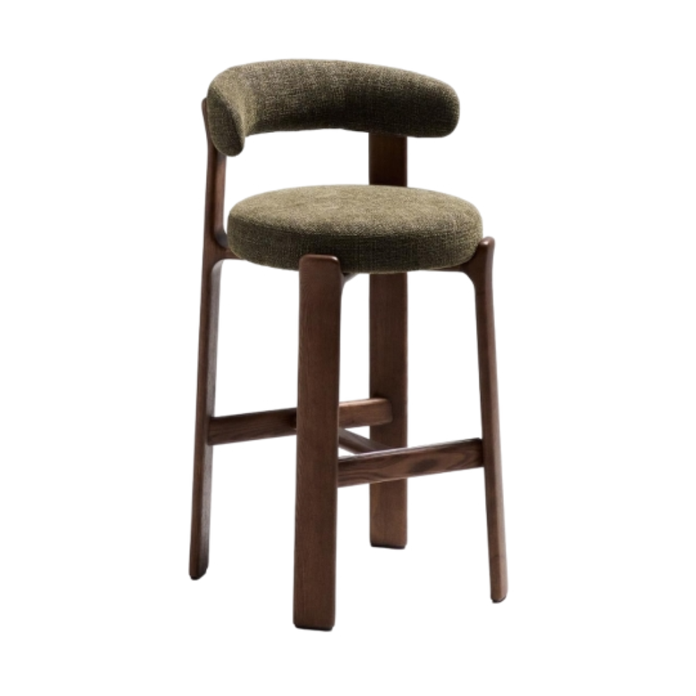 Hocker GRANITE groen chenille met een donkere essen basis