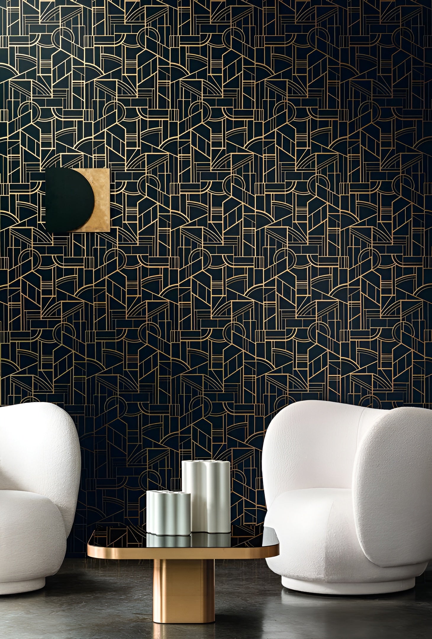 Metallic textile wallpaper with an Art Deco geometric pattern REIMS - TAUPE taupe with beige