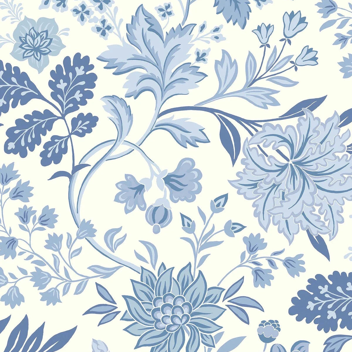 Vliesbehang met plantaal patroon ALICIA warm wit met blauw