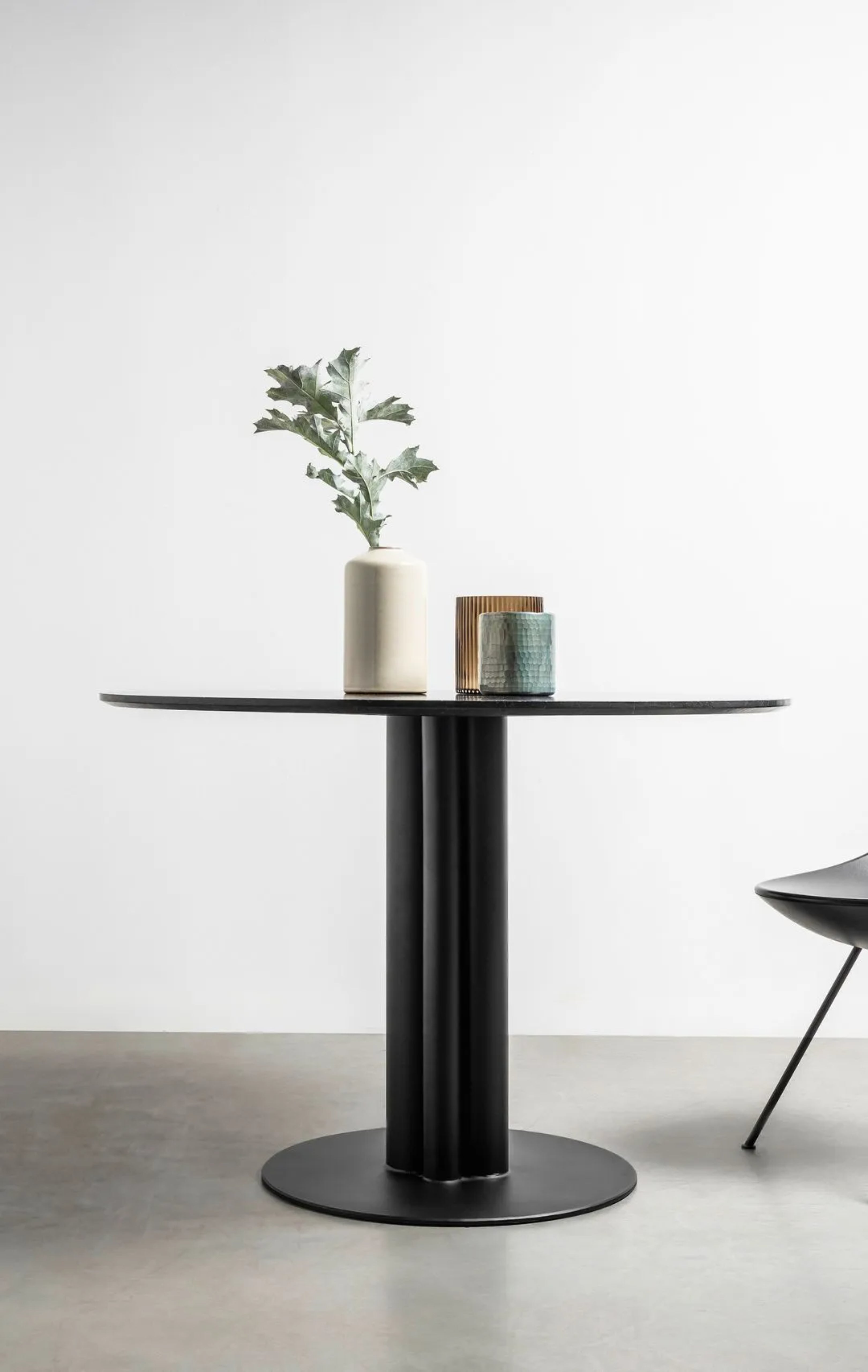 Round MOON Table with Brushed Marble Top and Black Steel Base