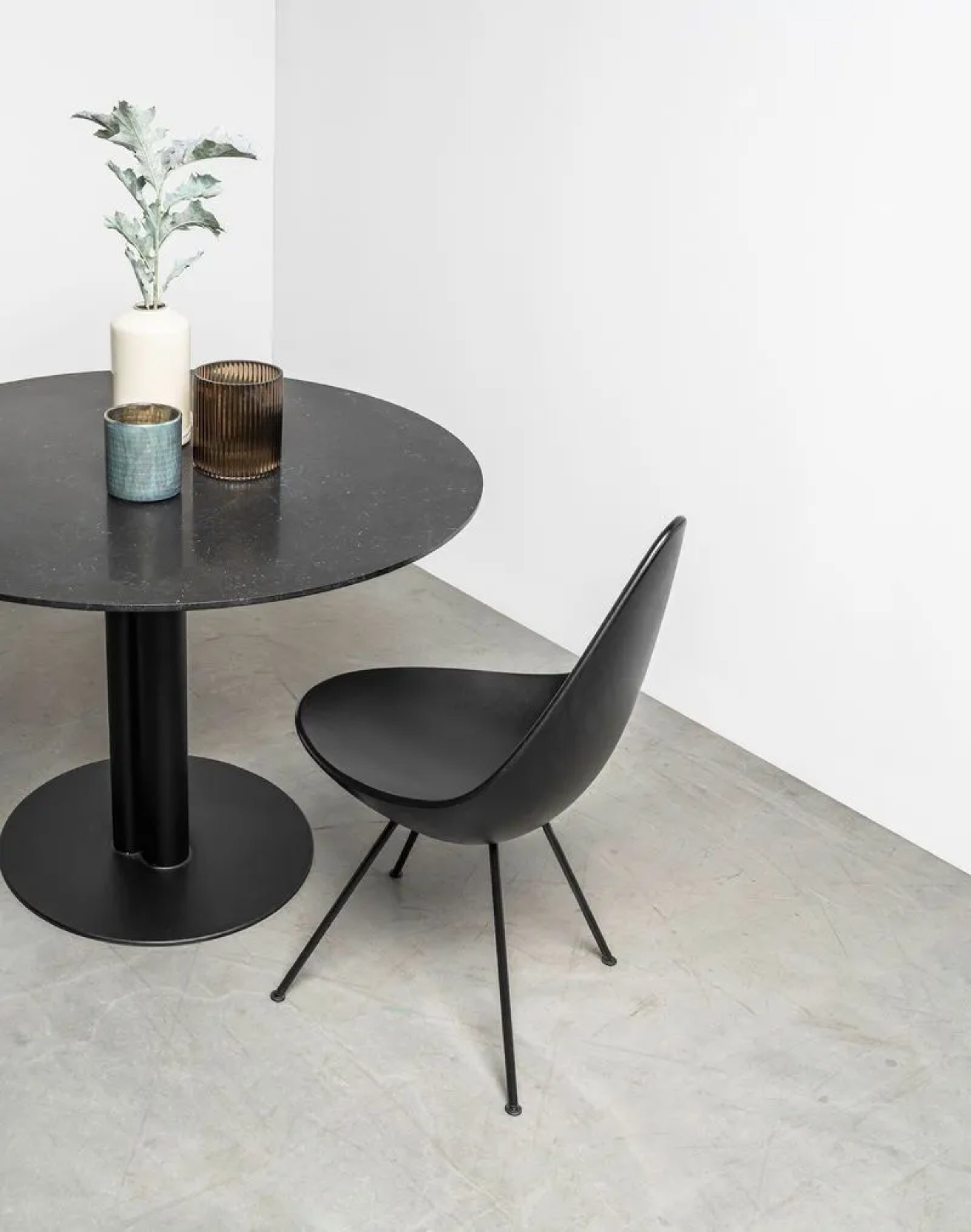 Round MOON Table with Brushed Marble Top and Black Steel Base