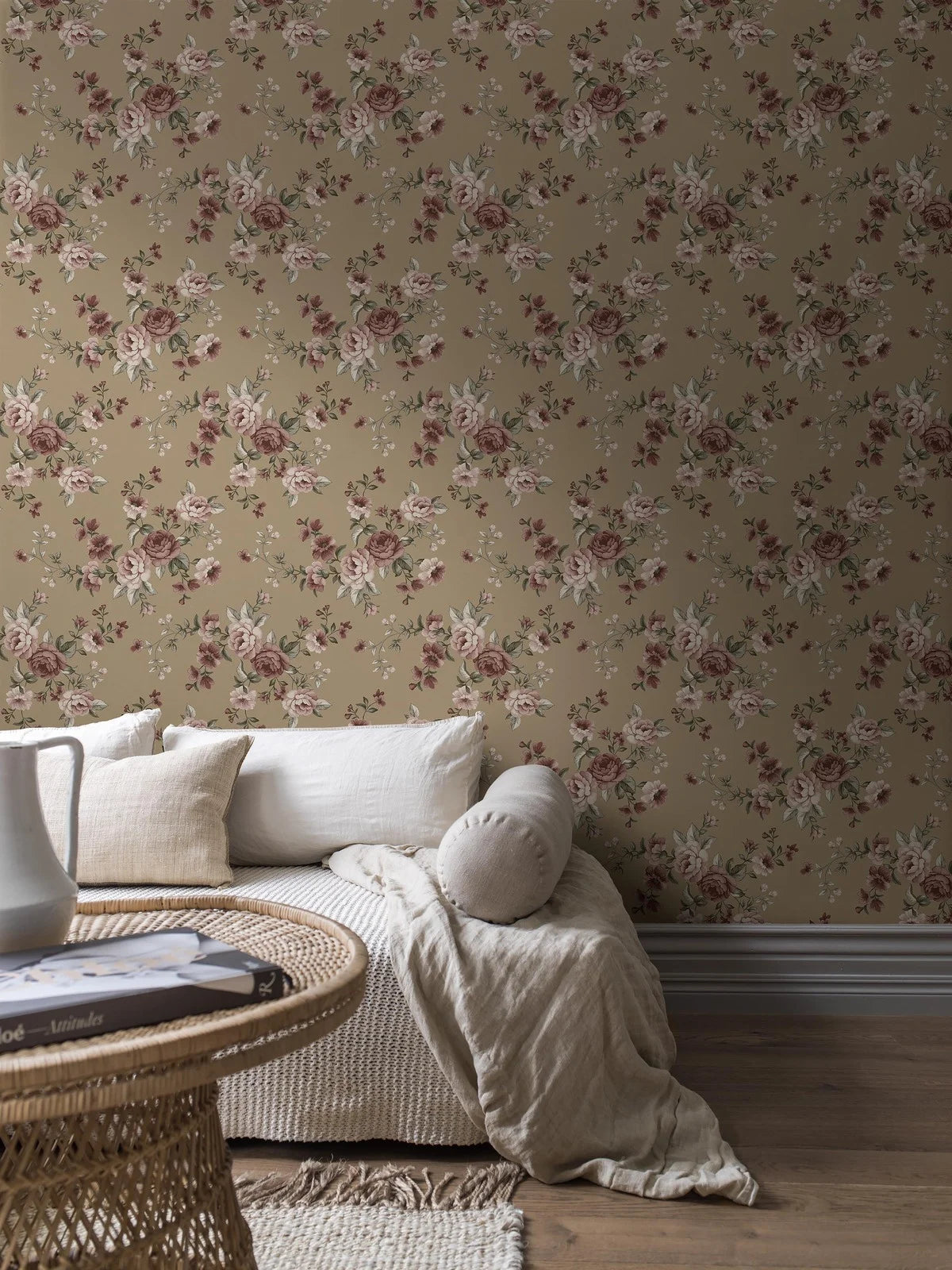NOMI Brown Floral Plant Motif Wallpaper