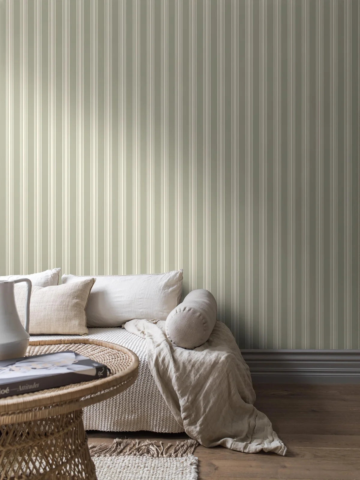 GUNNEBO Green and White Striped Wallpaper