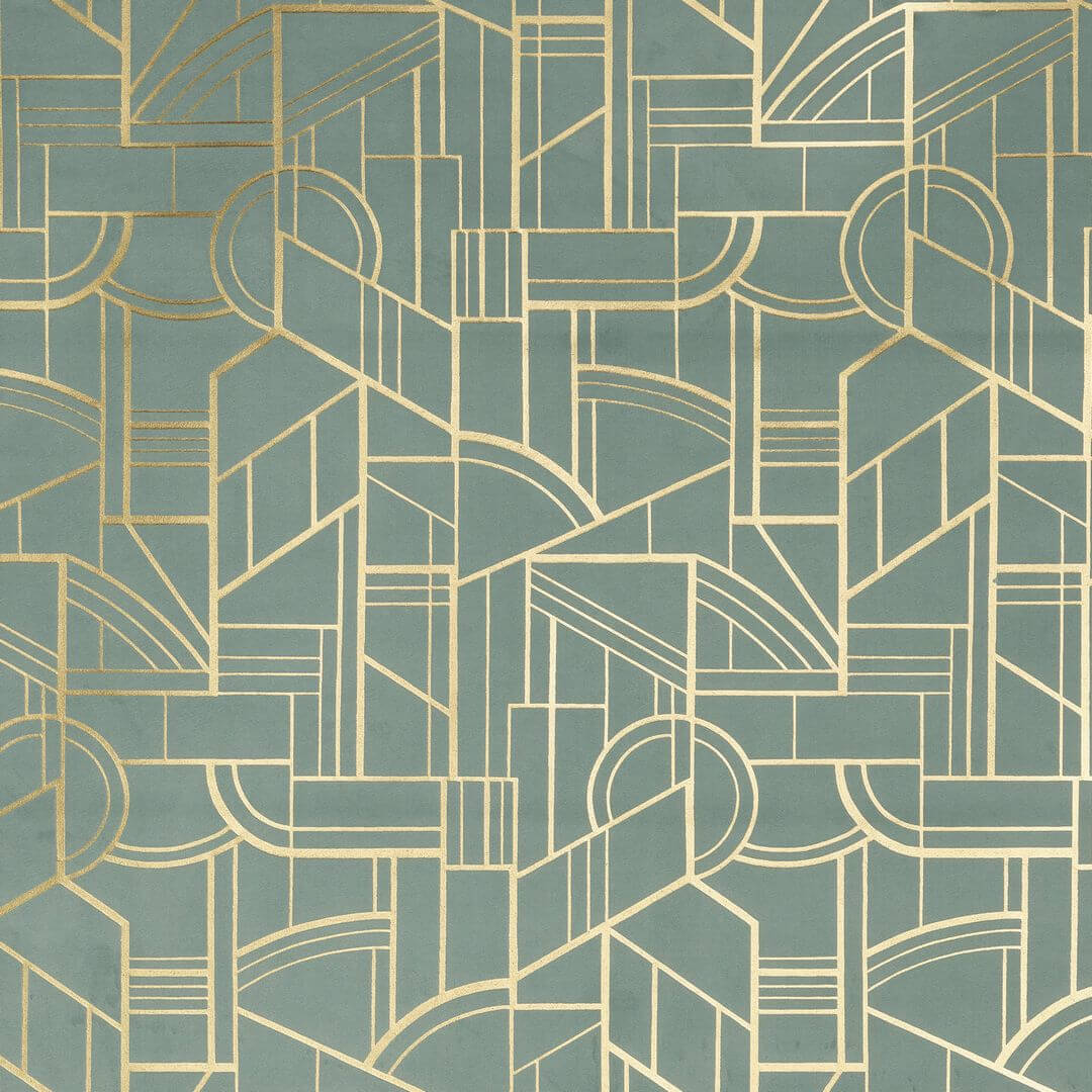 Metallic textile wallpaper with an Art Deco geometric pattern REIMS - CELADON green with gold