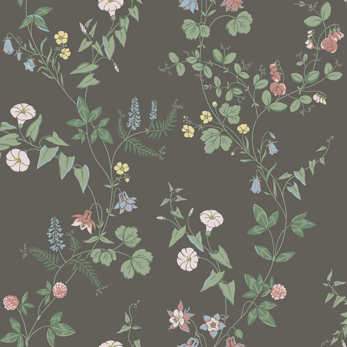 Tapete mit floralem Muster aus Blumen und Blättern MIDSUMMER EVE dunkelbraun mit grün