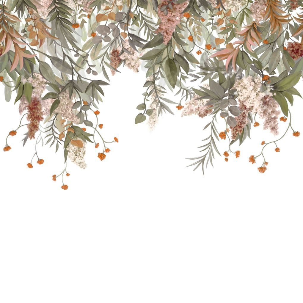 Muurschildering met een plantmotief van WISTERIA bladeren in groen en poederroze