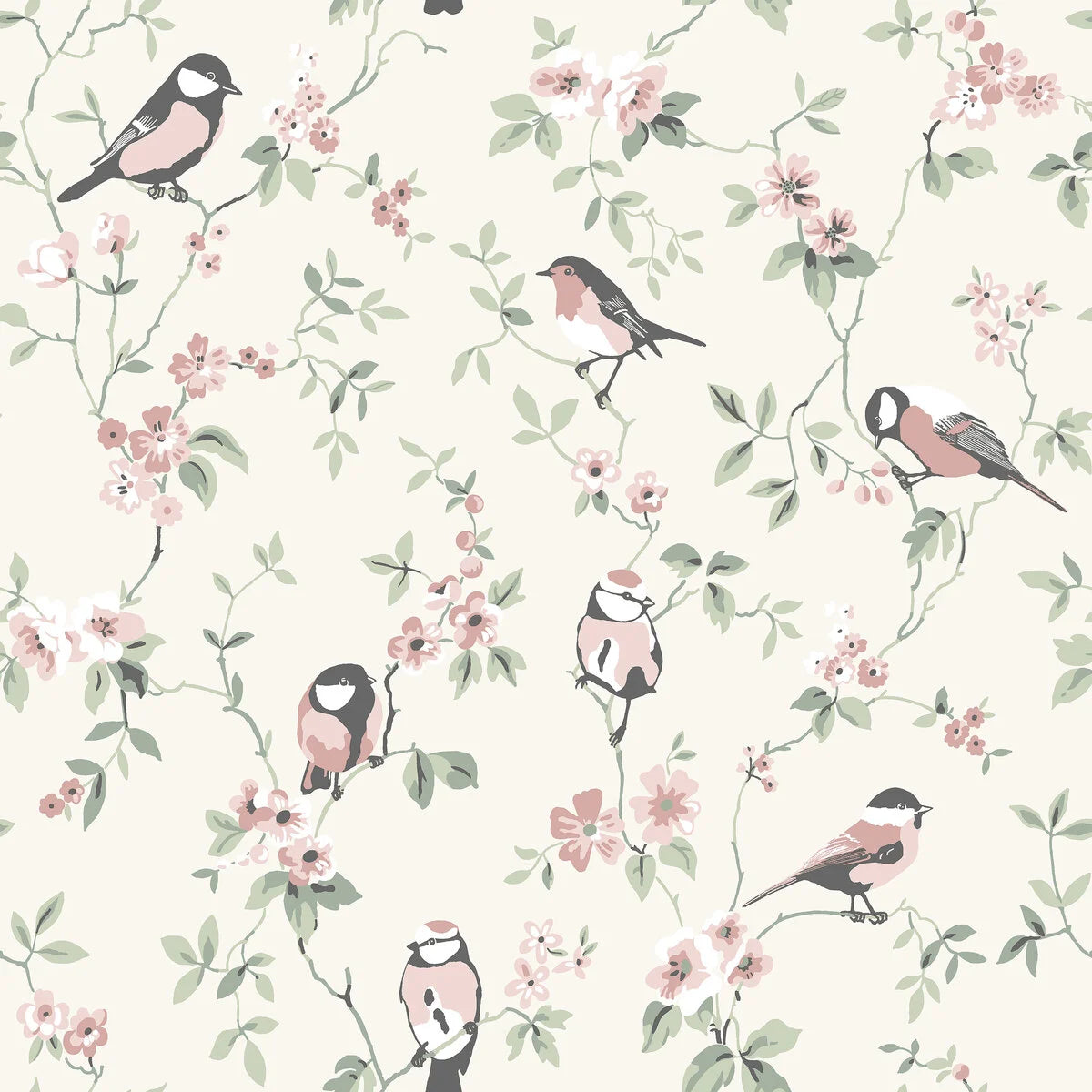 Beige behang met dierenmotief van vogels FALSTERBO BIRDS met groen