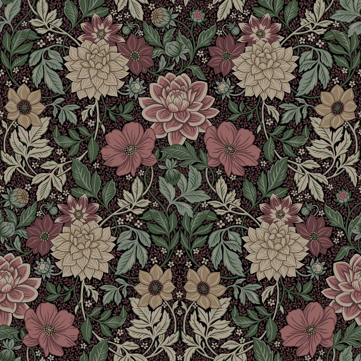 Vlies-Tapete mit Pflanzenmuster DAHLIA GARDEN in schmutzigem Rosa mit Grün