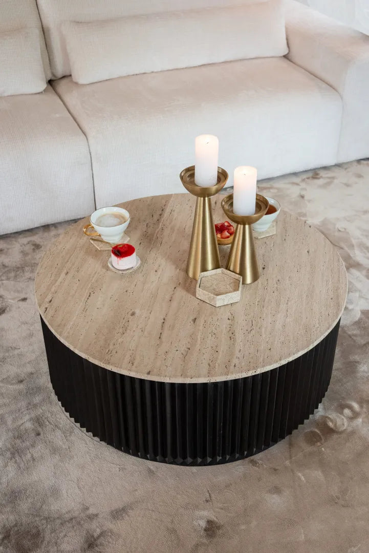 Round coffee table HAMPTON black with a travertine top
