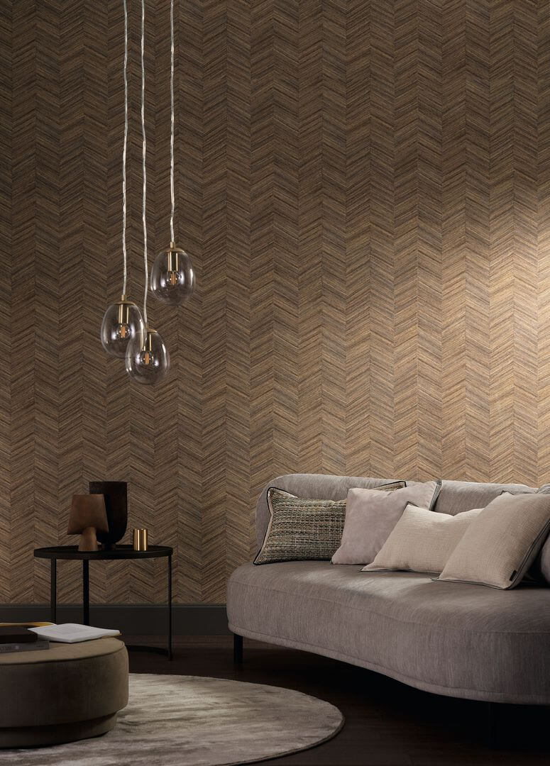 Geometric Structural Wallpaper Imitating Wood with Herringbone Pattern OCOTEA - SEPIA Warm Brown