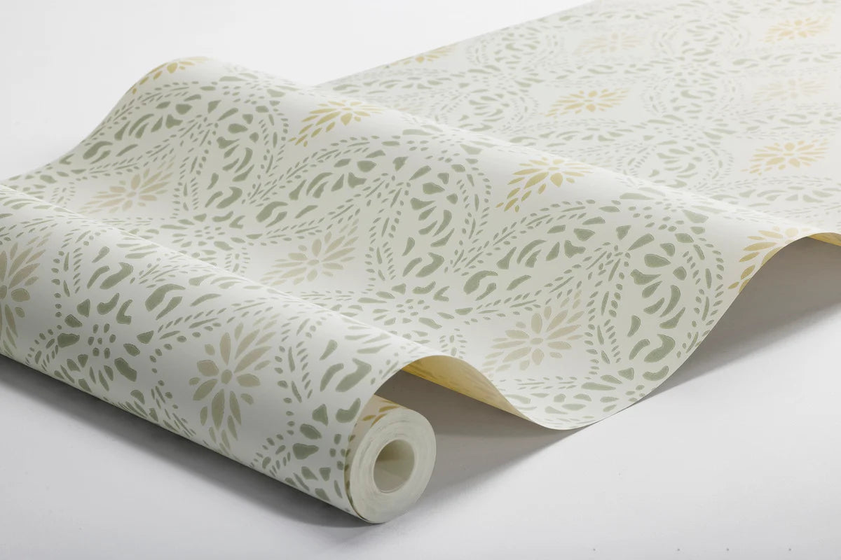 Vliesbehang van papier met geometrisch patroon KVARNHOLMEN wit met groen