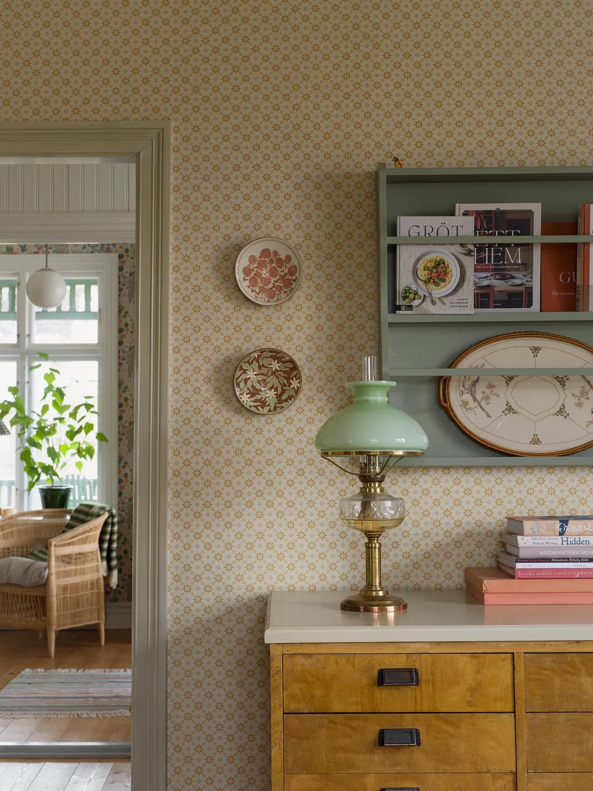 Vliesbehang met geometrisch patroon STELLA lichtbeige met geel