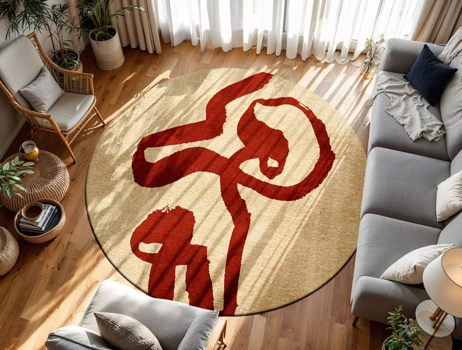 Ronde tapijt RIBBON beige met rood